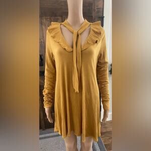 Free People Mustard Yellow Tie V- Neck Dress Size Medium